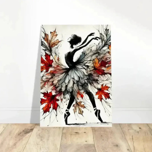 Tanz des Herbstes poster mit schwarzer ballerina-silhouette und herbstfarbenen blättern als kunstprint