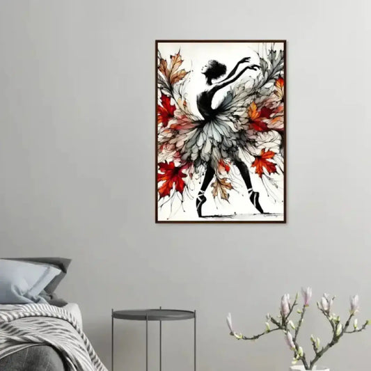 Ein herbstes gerahmtes poster mit schwarzer ballerina-silhouette und bunten roten und orangen herbstblättern