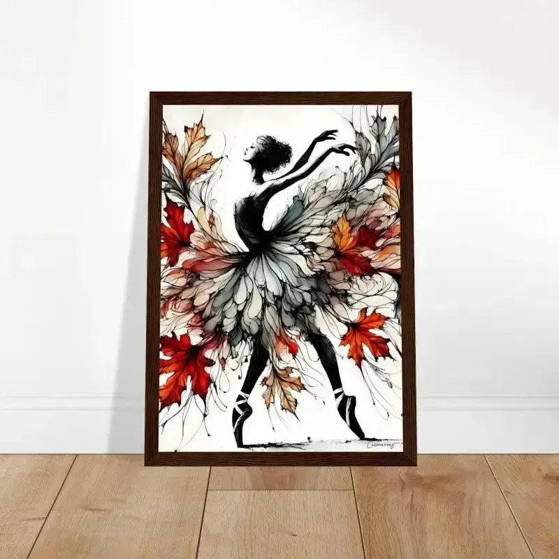 Schwarz-weiß Ballerina Herbstes gerahmtes Poster mit Herbstblättern
