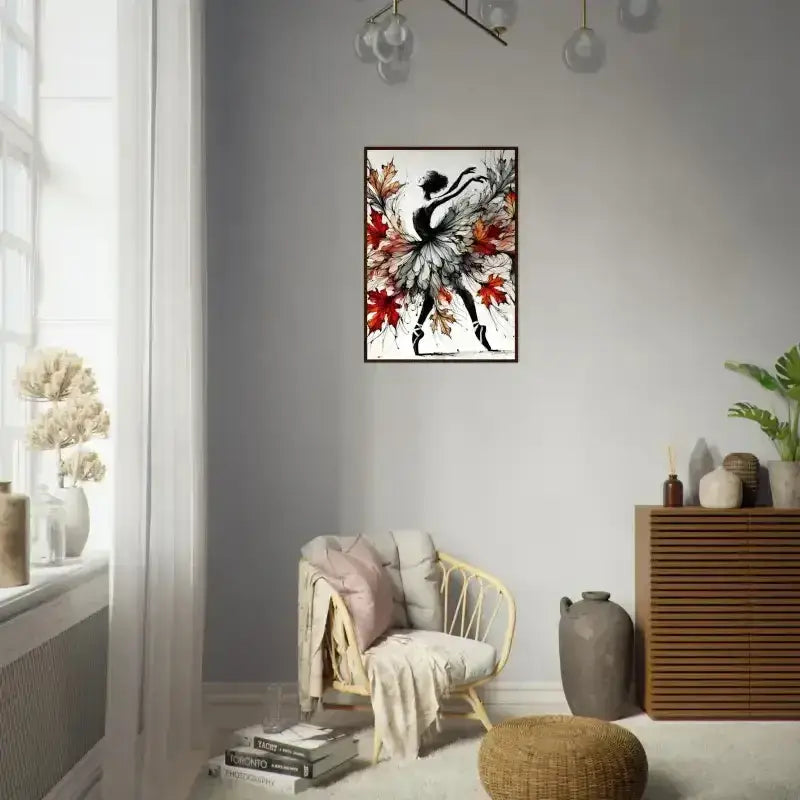 Schwarz-weiß-Ballerina-Wandkunst mit roten Akzenten im Herbstes gerahmtes Poster
