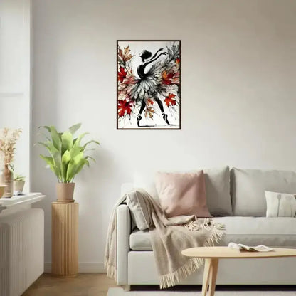 Gerahmtes Poster Tanz des Herbstes: Schwarz-weiße Ballerina mit Herbstblättern