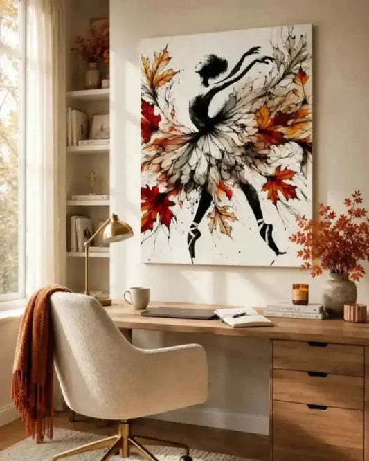 Striking schwarz-weiß canvas kunstwerk tanz des herbstes zeigt ballerina mit bunten herbstblättern auf curiocanvas