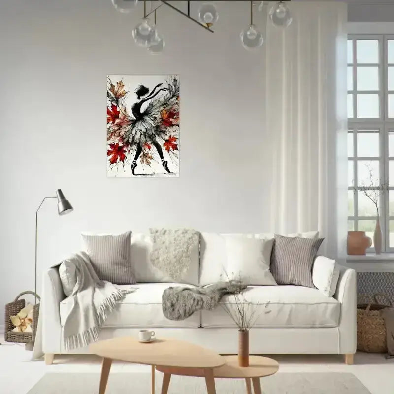 Herbstes Poster mit weißem Sofa, Holzbeinen und grauer Decke