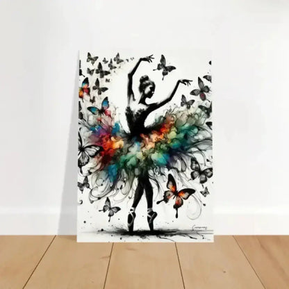 Vibranter verwandlung poster mit schwarzer ballerina-silhouette und bunten schmetterlingen auf leinwandprint kunst