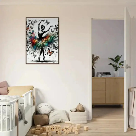 Gerahmtes poster tanz der verwandlung mit schwarzer ballerina und bunten schmetterlingen auf weißem grund