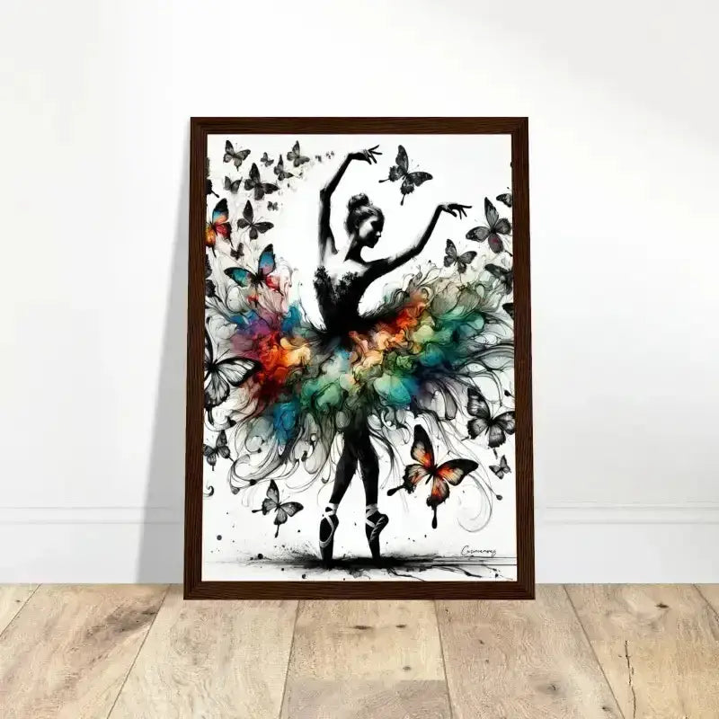 Gerahmtes Poster Tanz der Verwandlung mit Ballerina und bunten Schmetterlingen