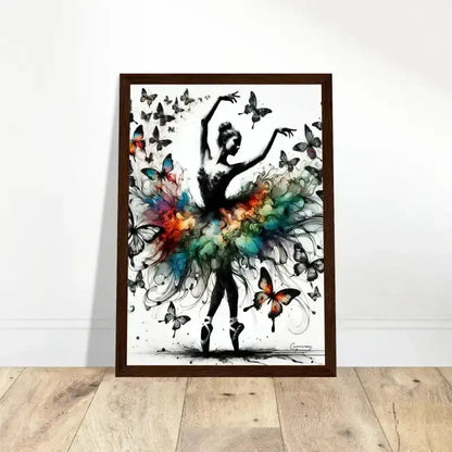 Gerahmtes Poster Tanz der Verwandlung mit Ballerina und bunten Schmetterlingen