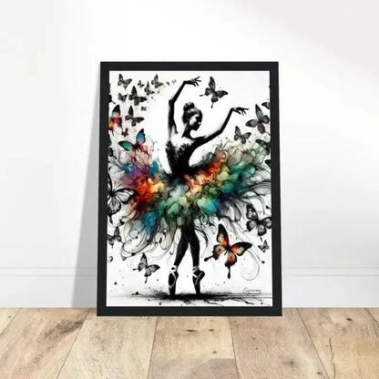 Gerahmtes Poster Tanz der Verwandlung mit schwarzem Balletttänzer und bunten Schmetterlingen