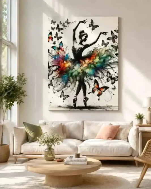 Vibrante curiocanvas tanz der verwandlung mit schwarzer ballerina silhuette kleid und bunten schmetterlingen