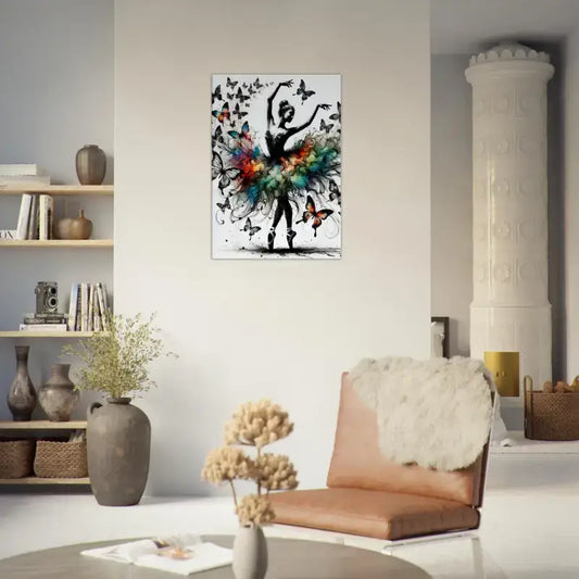 Schwarz-weiß floraler Balletttänzer mit Schmetterlingen auf CurioCanvas Leinwand Tanz der Verwandlung