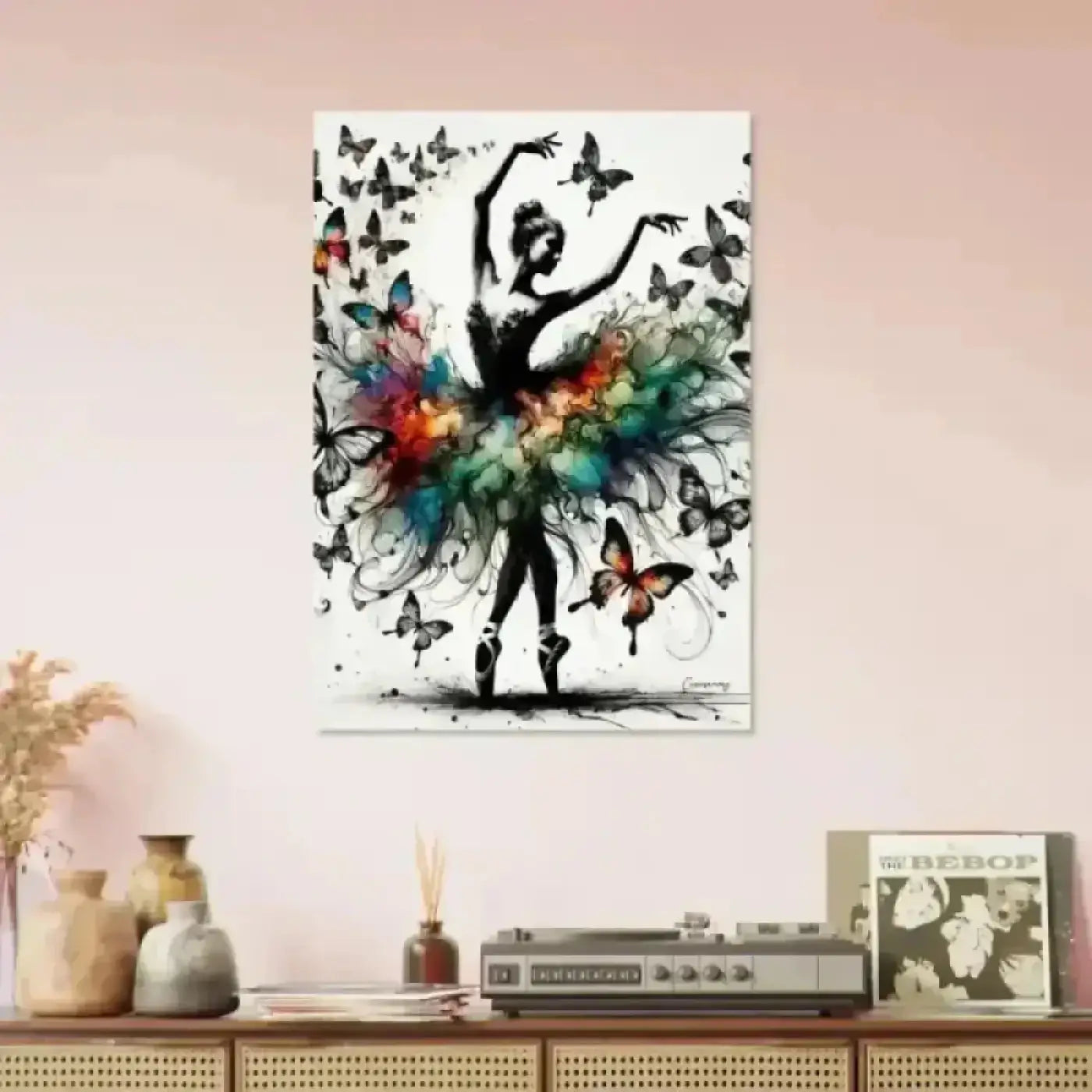 Tanz der verwandlung poster mit schwarzer ballerina silhoutte und bunten floralen mustern als kunst print