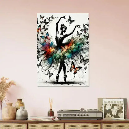 Schwarz-weiß-Ballerina-Poster Tanz der Verwandlung mit bunten Schmetterlingen