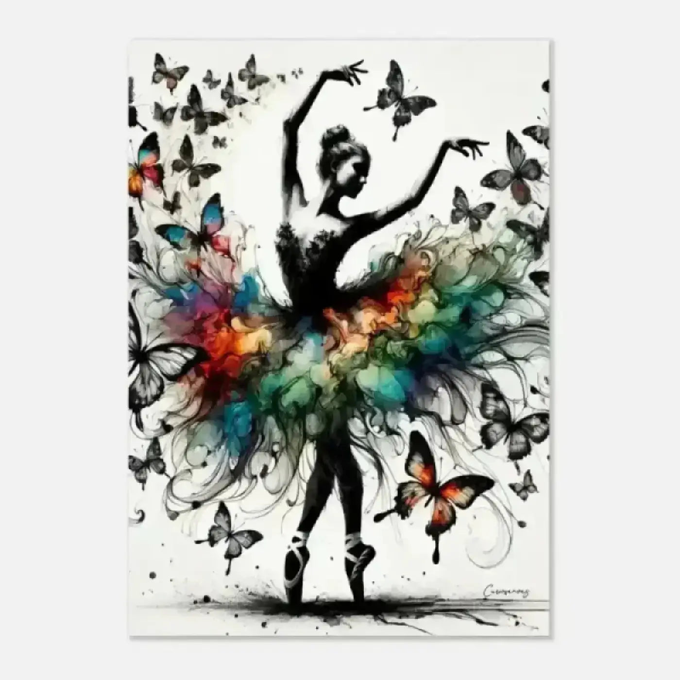 Schwarze ballerina-silhouette mit regenbogenwirbel tutu und schmetterlingen als verwandlung poster kunst print
