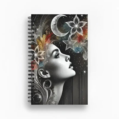 Kosmisches Notizbuch Träume aus Sternenstaub mit Frau, Mond und Sternen