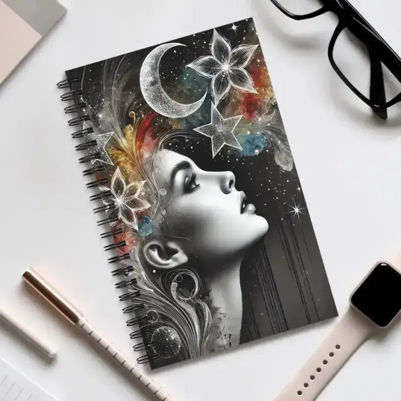 Kosmisches Notizbuch Träume aus Sternenstaub mit Frauengesicht und Sternen
