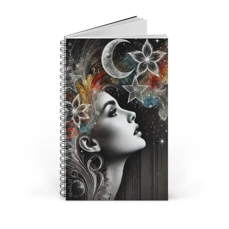Spiralgebundenes Notizbuch mit himmlischer Frauen-Deckgestaltung für kosmische Gedanken
