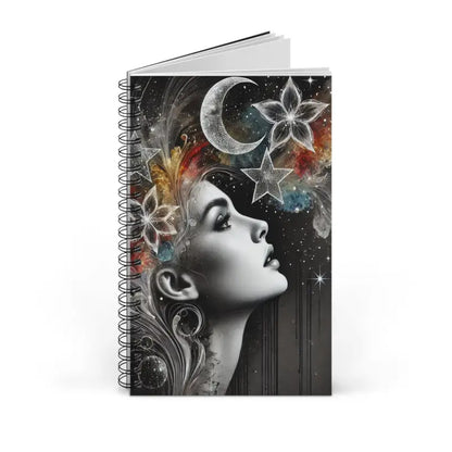 Spiralgebundenes Notizbuch mit himmlischer Frauen-Deckgestaltung für kosmische Gedanken