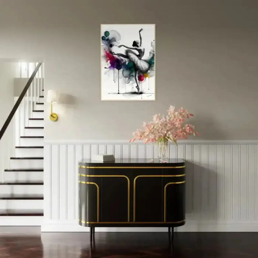 Eleganter tropfen der anmut sideboard in schwarz und gold mit geschwungenen kanten perfekt für kunst und visual artwork