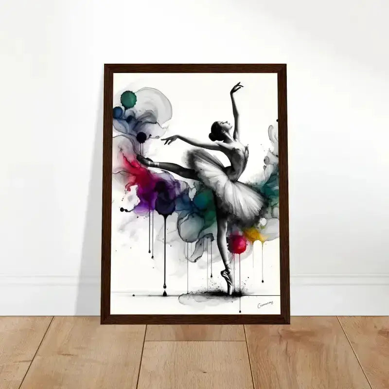 Gerahmtes Poster Tropfen der Anmut: Ballerina mit Farbspritzern im schwarzen Rahmen