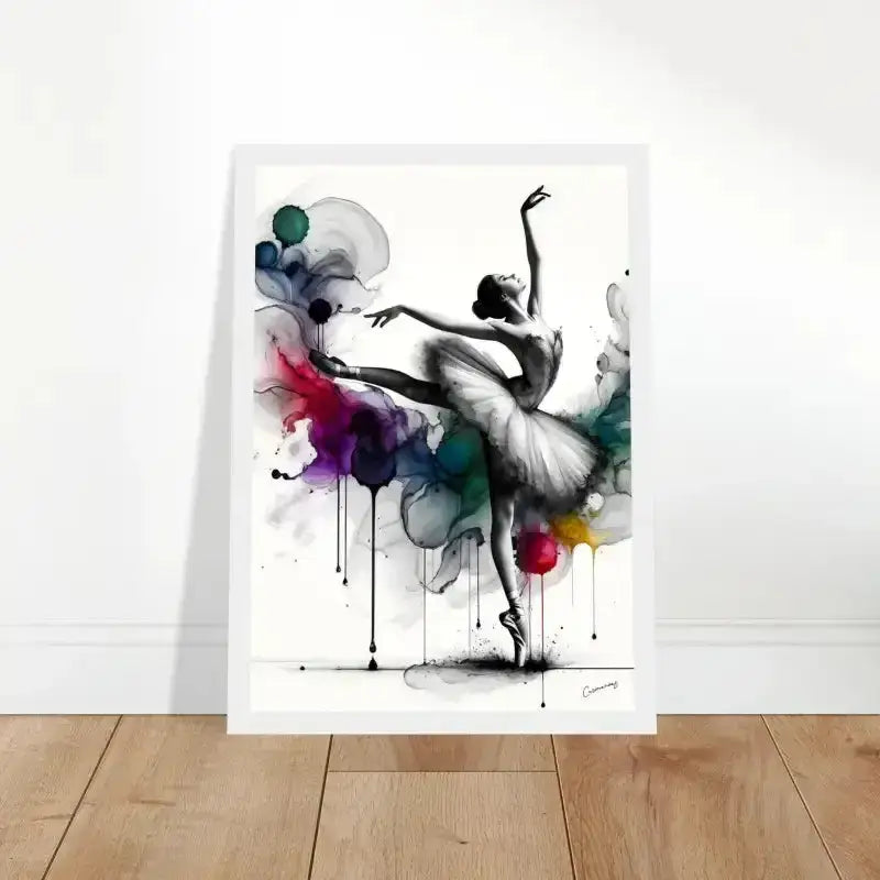 Gerahmtes Poster Tropfen der Anmut mit weiß gerahmter Ballerina und abstraktem Hintergrund