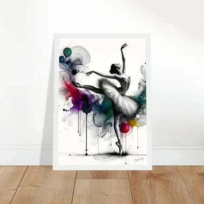 Gerahmtes Poster Tropfen der Anmut mit weiß gerahmter Ballerina und abstraktem Hintergrund