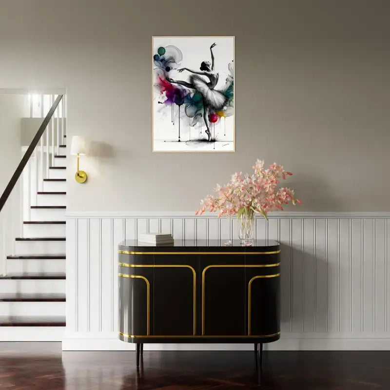 Gerahmtes Poster Tropfen der Anmut mit schwarzem Gold-Bar-Cabinet und Blumen