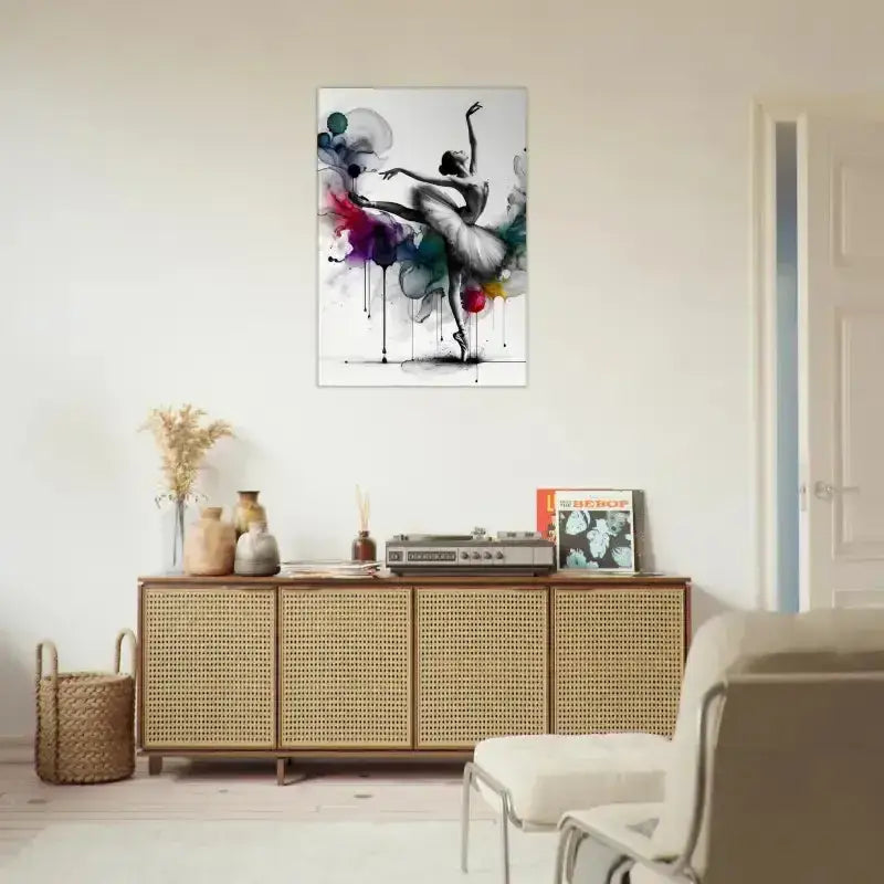 Moderne abstrakte Tanz-Leinwandkunst mit Farbspritzern und schwarzer Umrisslinie