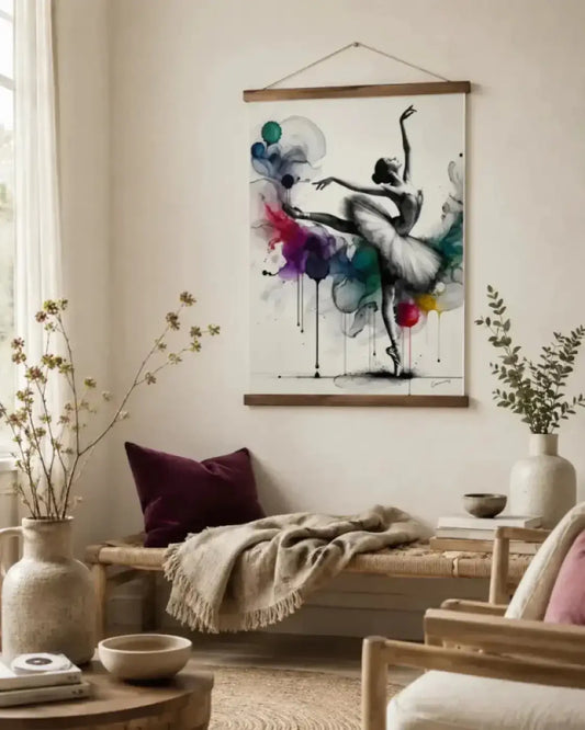 Tropfen der anmut poster mit aquarell-balletttänzer und farbigen spritzern in einfachem holzrahmen kunst und prints