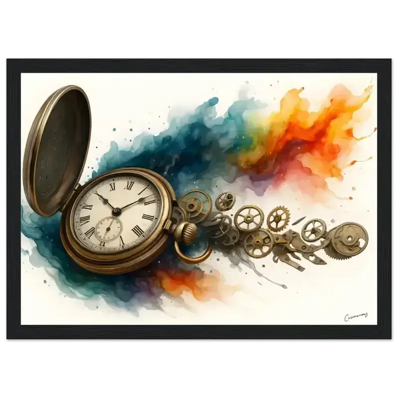 Goldene Taschenuhr mit römischen Ziffern und Zahnrädern als gerahmtes Poster