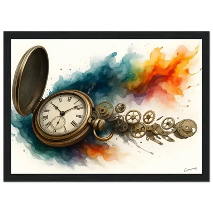 Goldene Taschenuhr mit römischen Ziffern und Zahnrädern als gerahmtes Poster