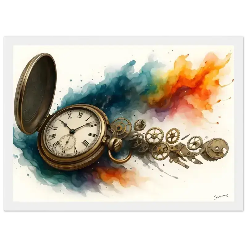 Goldene Taschenuhr mit römischen Ziffern und Zahnrädern als gerahmtes Poster