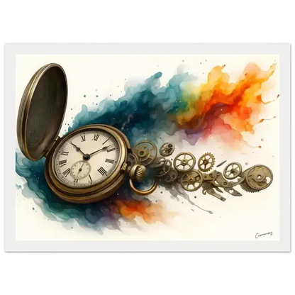 Goldene Taschenuhr mit römischen Ziffern und Zahnrädern als gerahmtes Poster