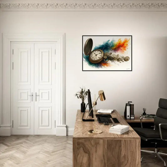 Gerahmtes Poster Uhrwerk der Zeit mit Holzschreibtisch, modernem Bürostuhl und abstraktem bunten Uhrwerk-Kunstwerk