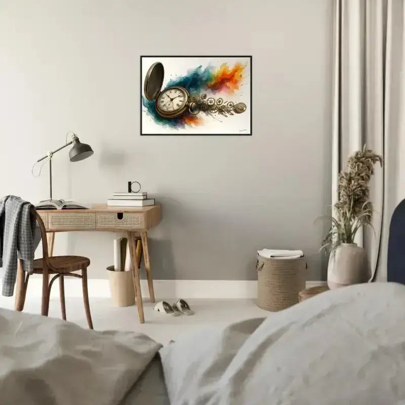 Gerahmtes Poster Uhrwerk der Zeit mit bunter Splatteruhr in Schwarzrahmen