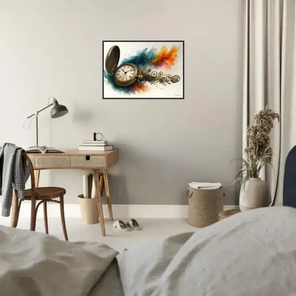 Gerahmtes Poster Uhrwerk der Zeit mit bunter Splatteruhr in Schwarzrahmen