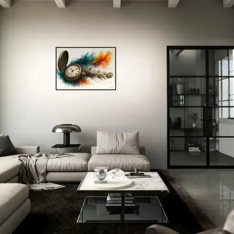 Gerahmtes Poster Uhrwerk der Zeit mit bunter Splatteruhr in Schwarzrahmen
