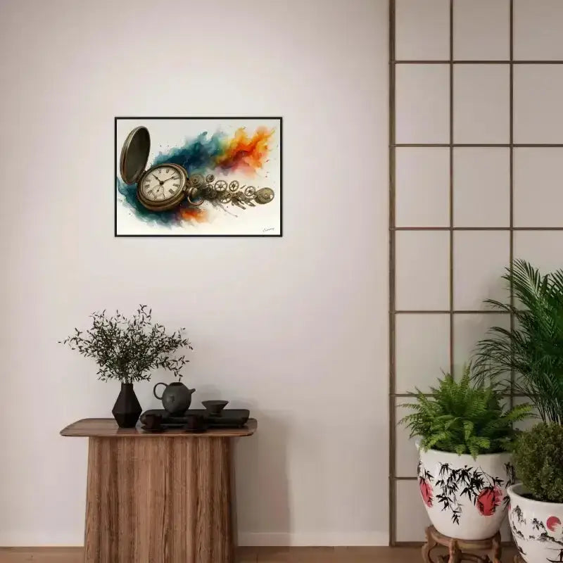 Vintage Taschenuhr mit Farbspritz-Design auf schwarzem Hintergrund als gerahmtes Poster Uhrwerk der Zeit
