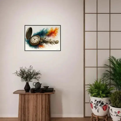 Vintage Taschenuhr mit Farbspritz-Design auf schwarzem Hintergrund als gerahmtes Poster Uhrwerk der Zeit