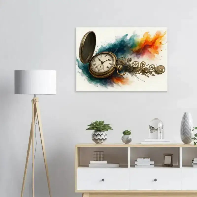 Goldene Taschenuhr mit farbenfrohem Aquarell-Hintergrund, Uhrwerk der Zeit Kunst auf CurioCanvas