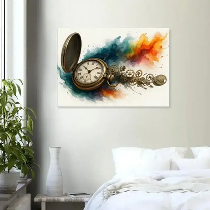 Goldene Taschenuuhr mit buntem Rauchdesign auf CurioCanvas Kunst Leinwand Uhrwerk der Zeit