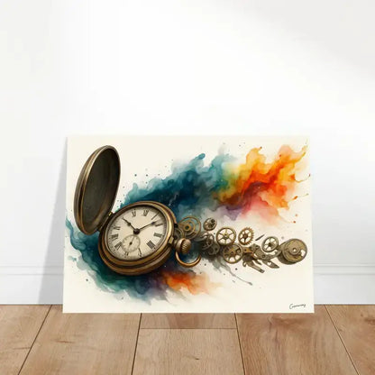 Antikes Taschenuhrwerk mit farbigen Zahnrädern und Farbspritzern aus Messing