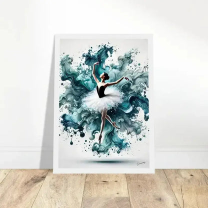 Wassertanz gerahmtes Poster mit weiß gerahmter Ballerina und abstraktem Teal-Schwarz-Hintergrund
