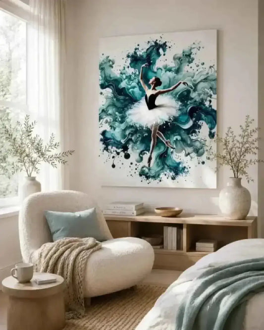 Ein aussagekräftiges poster der ballerina in schwarzweiß mit fließender eleganz in teal und grün abstrakten splashes