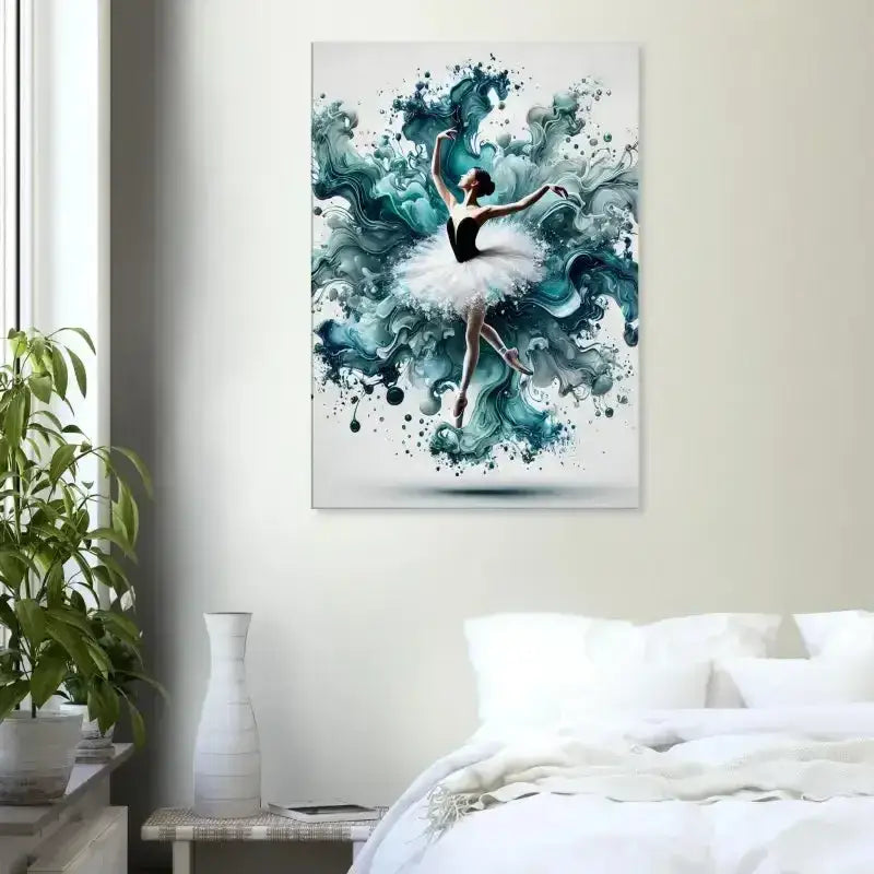Wassertanz Leinwand mit flüssiger Eleganz in Teal-Weiß und Schwarzrahmen