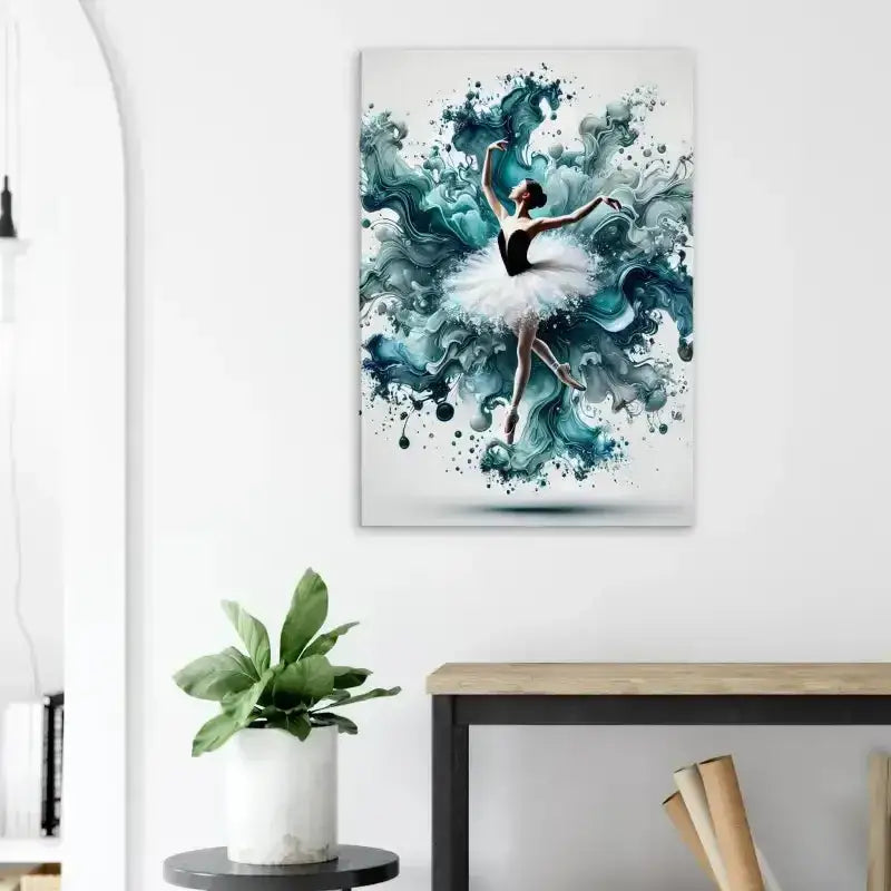 Teal-weißer Ballett-Leinwanddruck Wassertanz mit abstrakten Aquarell-Spritzern flüssiger Eleganz