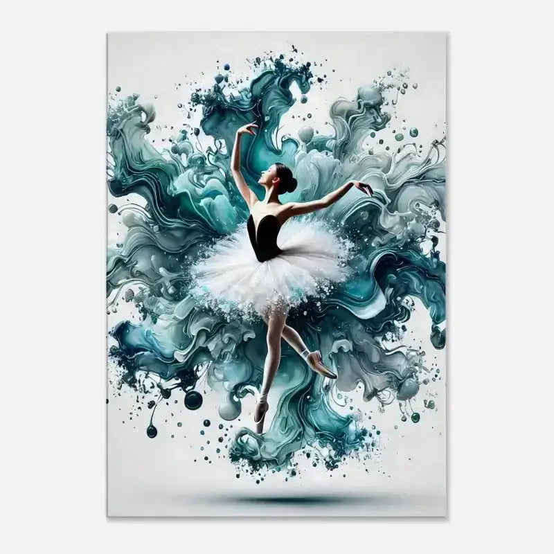 Weißes Tutu-Balletttänzerin-Leinwanddruck mit flüssiger Eleganz im Teal-Schwarz-Design