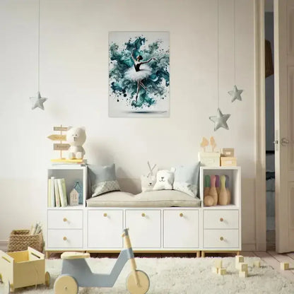 Weiße Wassertanz-Poster-Bank mit Schubladen und gepolstertem Sitz