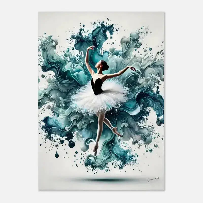 Wassertanz Poster: Weiße Tutu-Ballerina mit türkis-grauem abstraktem Hintergrund