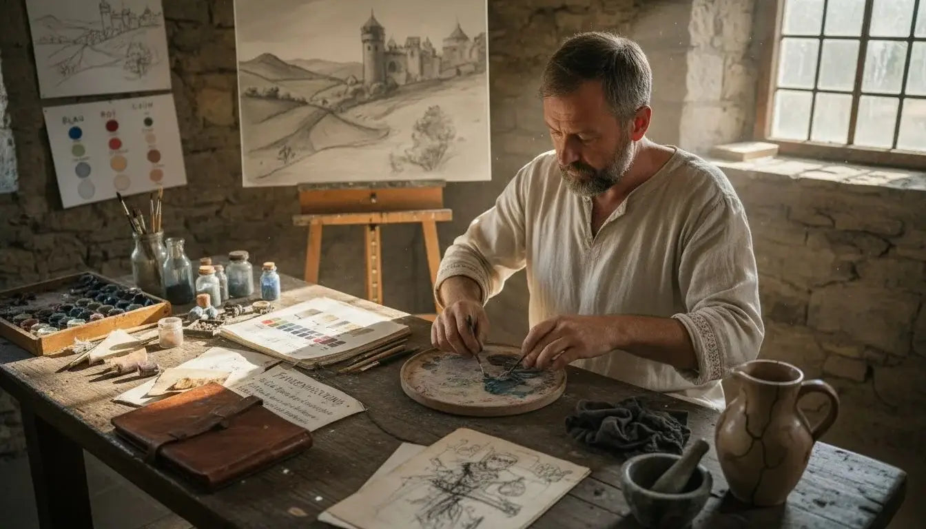 Mann malt wie Vincent van Gogh in weißem Hemd am Tisch – Kunstgeschichte bedeutet Kontext