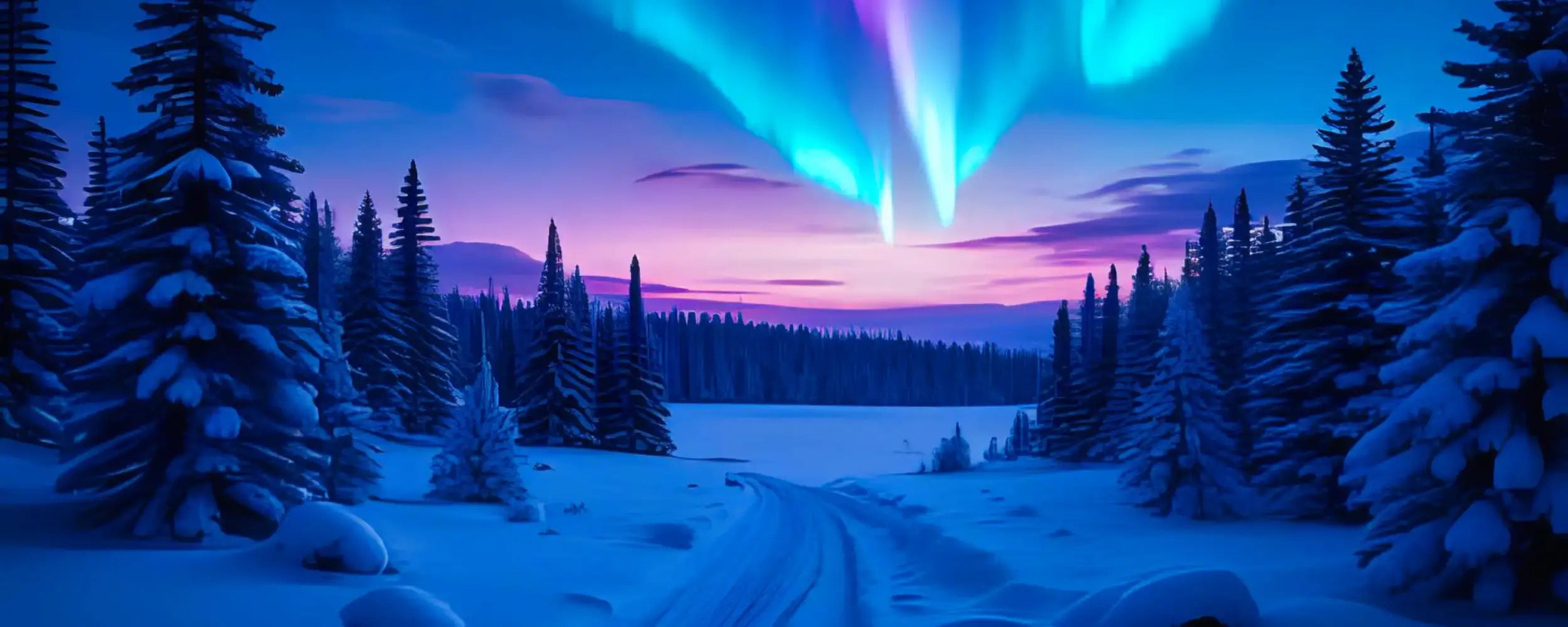 Winterstraße mit schneebedeckten Bäumen und lila Nordlicht-Himmel